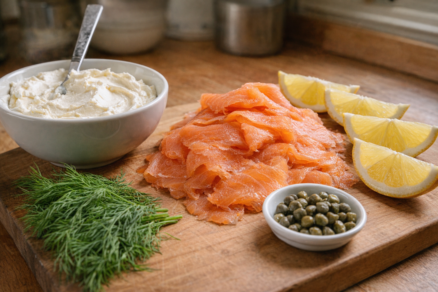 Close-up shot of the ingredients for smoked salmon appetizers laid out on a wooden cutting board: slices of smoked salmon, softened cream cheese in a bowl, fresh dill sprigs, capers in a small dish, and lemon wedges.